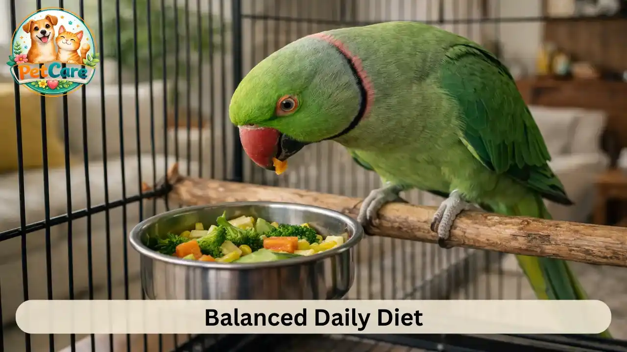 Ringneck parrot enjoying fresh vegetables in a home feeding setup.