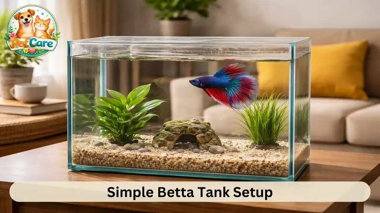 Small beginner-friendly Betta fish tank with plants and smooth gravel in a home environment.