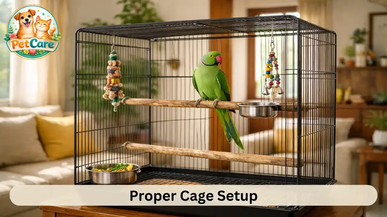 Spacious Indian Ringneck cage setup with perches and toys placed neatly inside a home.