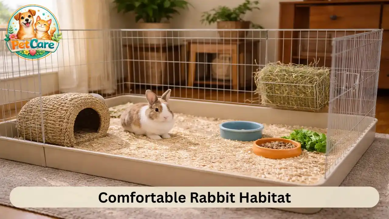Well-arranged indoor rabbit enclosure with bedding, hay, and water placed neatly in a home environment.