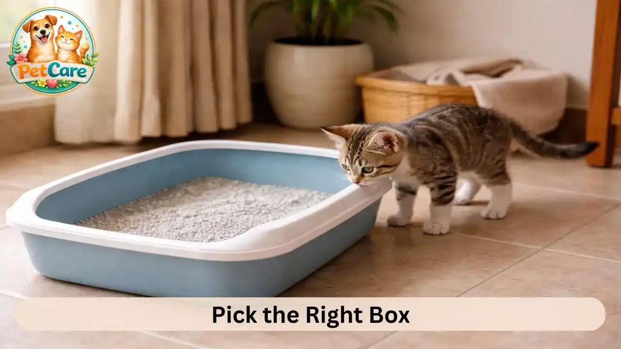 Young kitten exploring a low-entry litter box placed neatly on a tiled floor inside a home.