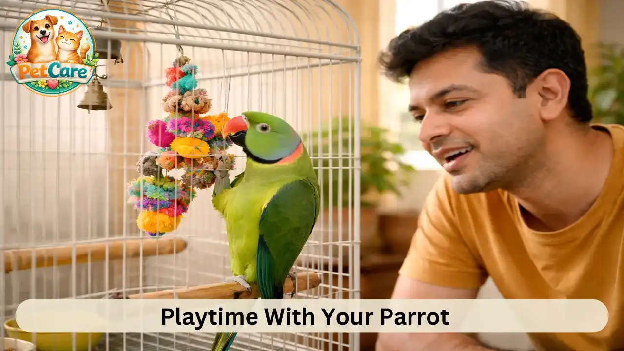 Active pet parrot playing with a toy in its cage while the owner spends time nearby.
