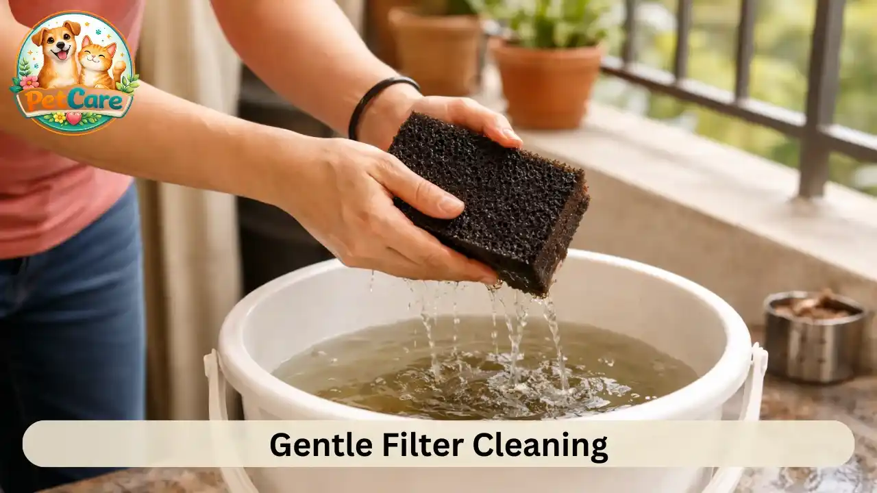 Aquarium filter sponge being rinsed gently in used tank water during routine maintenance.