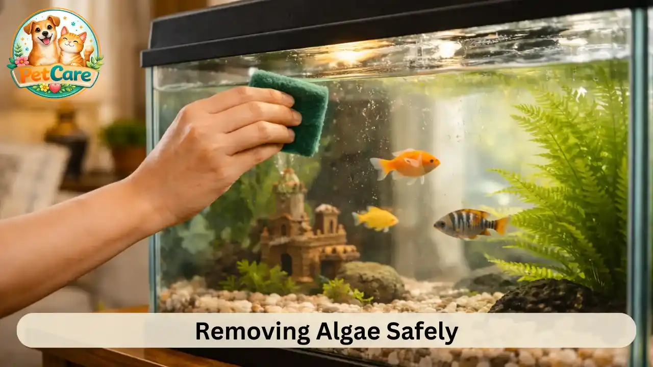 Aquarium glass being cleaned gently to remove algae buildup in a home setting.