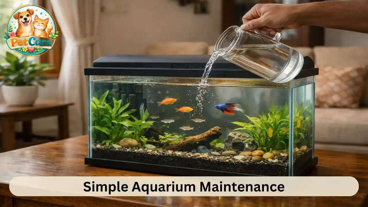 Aquarium owner carefully adding fresh water to a fish tank during routine maintenance.