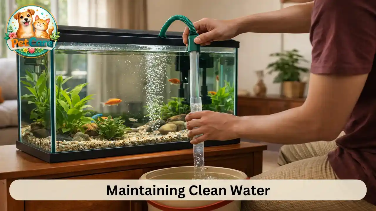 Aquarium owner doing a partial water change using a gravel cleaner at home