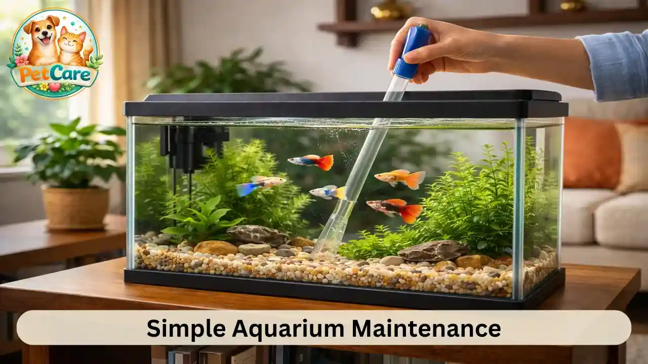Aquarium owner performing routine cleaning of a guppy fish tank at home.