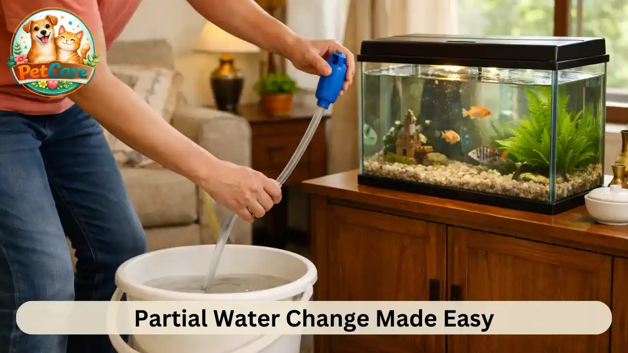 Aquarium owner removing a portion of water from a fish tank using a siphon during regular cleaning.