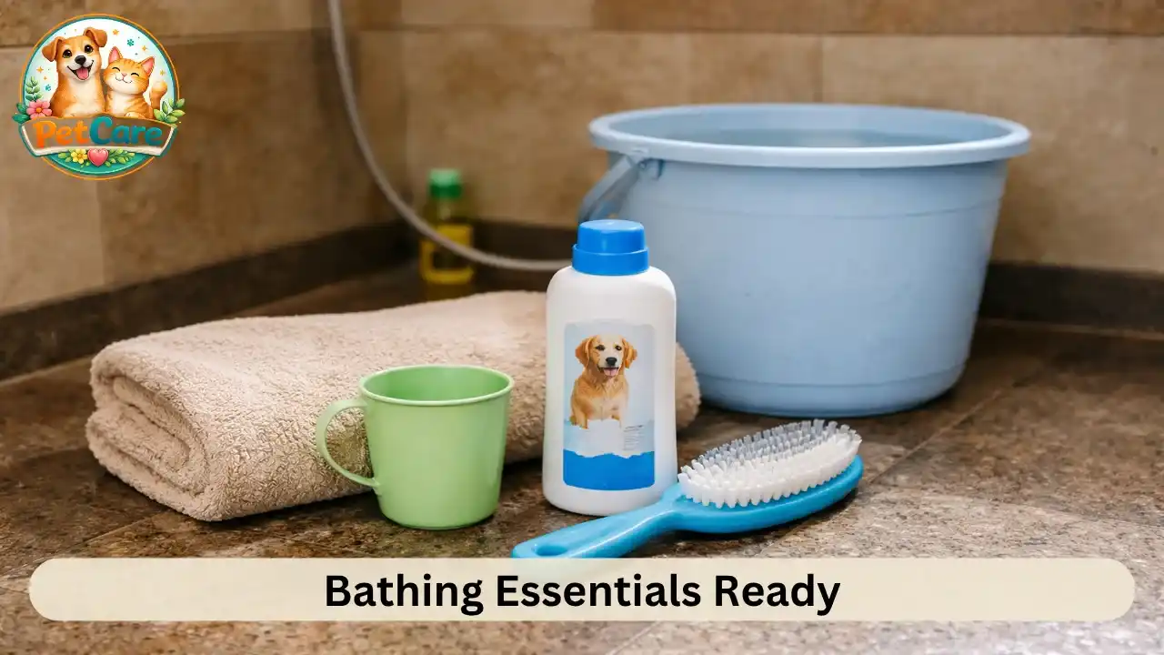 Basic dog bathing items like towel, shampoo, and bucket arranged neatly before bath time
