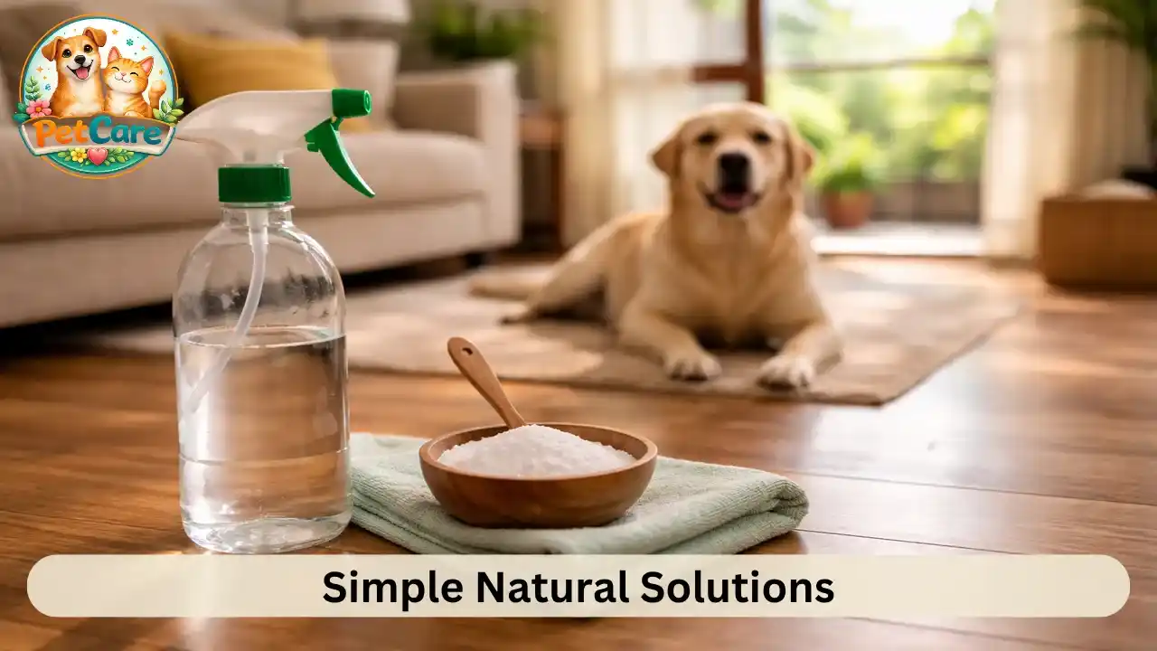 Basic household cleaning items like baking soda and diluted vinegar placed on the floor near a pet.