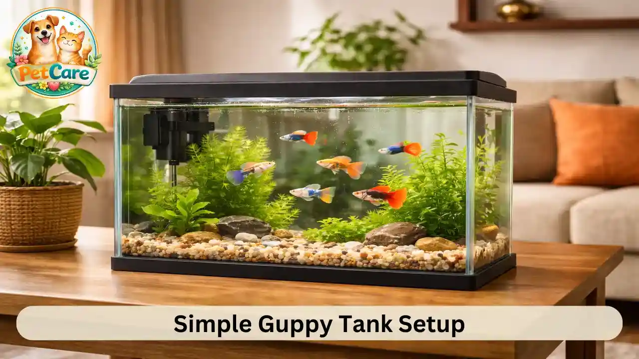 Beginner freshwater aquarium setup with guppies, plants, and basic tank equipment.