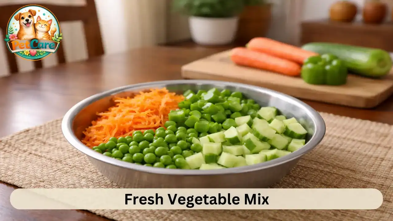 Bowl filled with freshly chopped carrots, capsicum, peas, and cucumber prepared for a household parrot.