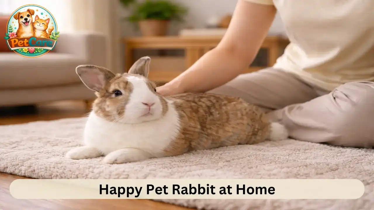 Calm rabbit relaxing beside its owner after a gentle grooming session indoors.