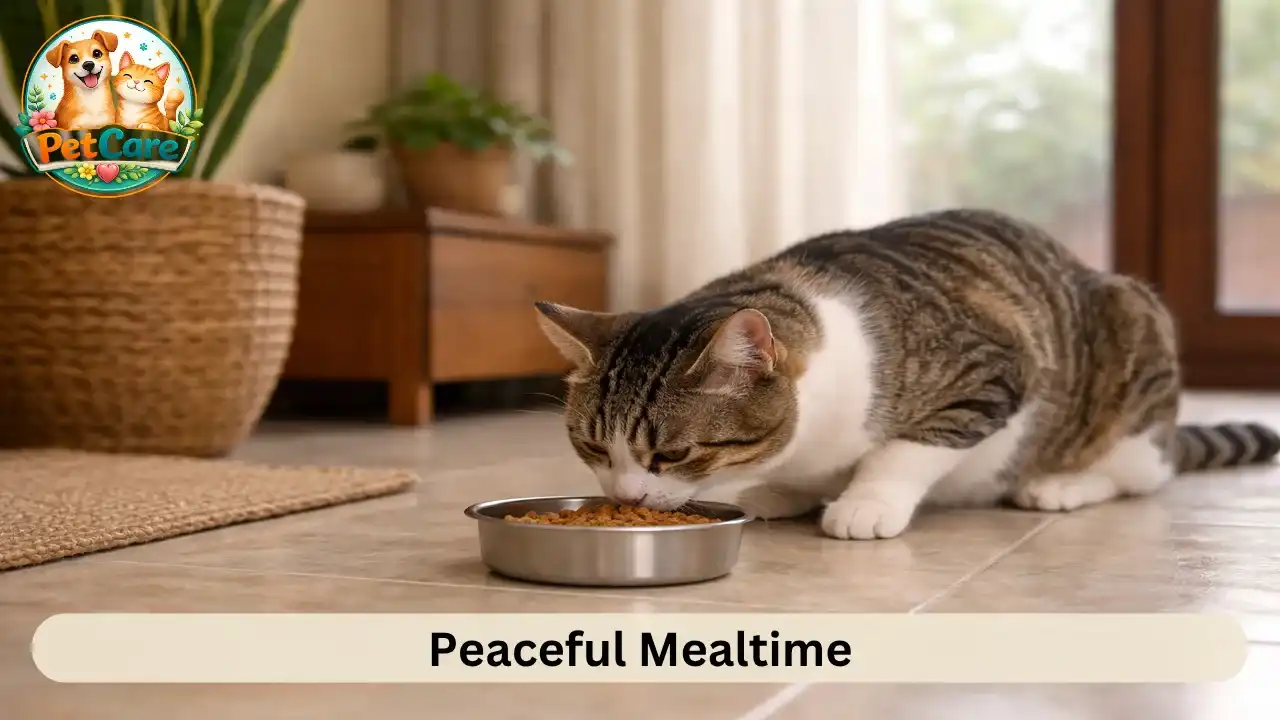 Cat eating calmly in a quiet corner of a tidy home setting