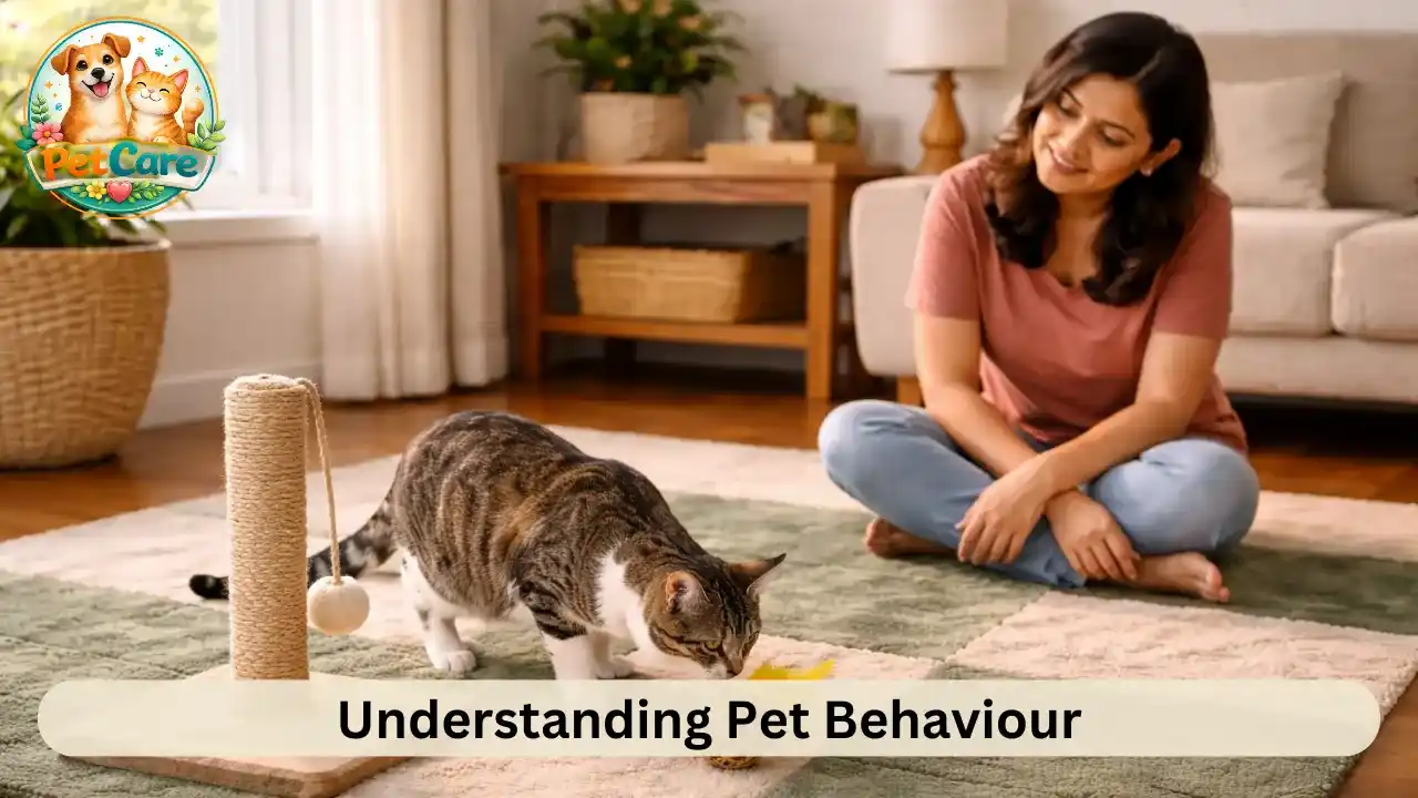 Cat exploring toys while its owner watches calmly in a comfortable home living room