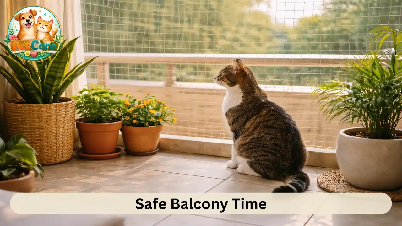 Cat sitting comfortably on a secured balcony with safety netting in a residential apartment