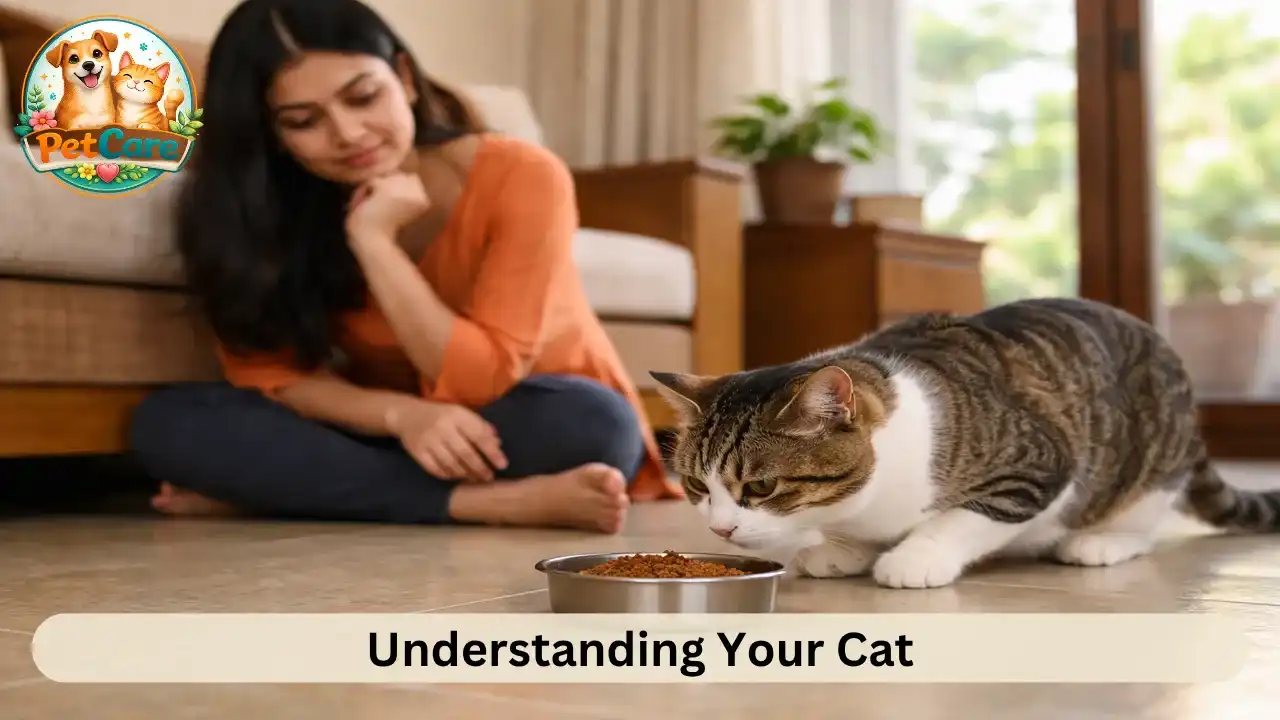 Cat sniffing food while owner quietly observes behavior in a home setting