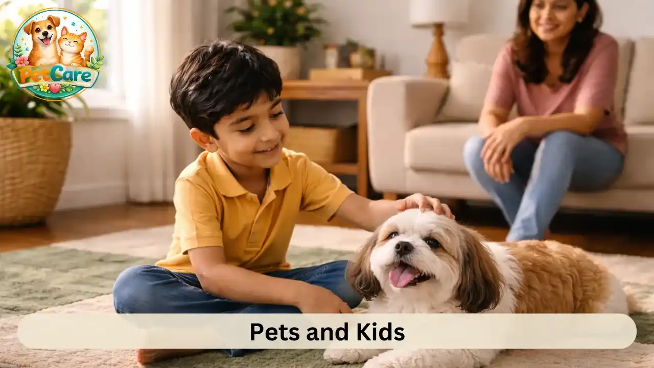 Child gently playing with a family dog on a soft rug while a parent sits nearby in a bright living room