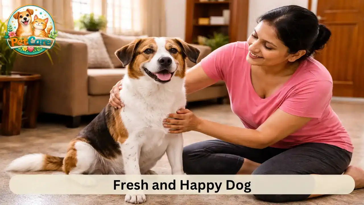 Clean and relaxed dog sitting with its owner after a comfortable bath at home
