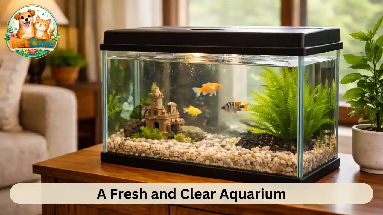 Clean and well-maintained fish tank with clear water displayed in a cozy home interior.