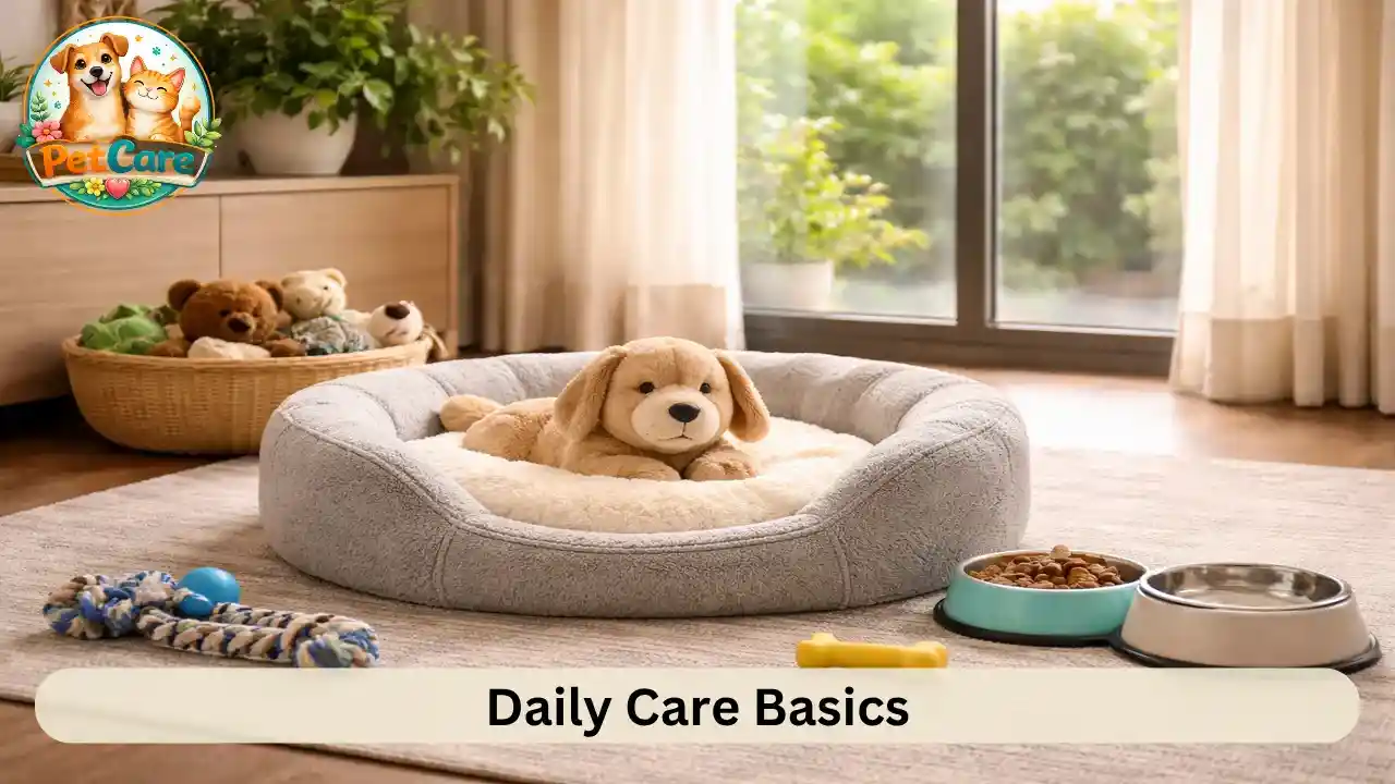 Clean feeding bowls with fresh food and water placed neatly for a pet at home