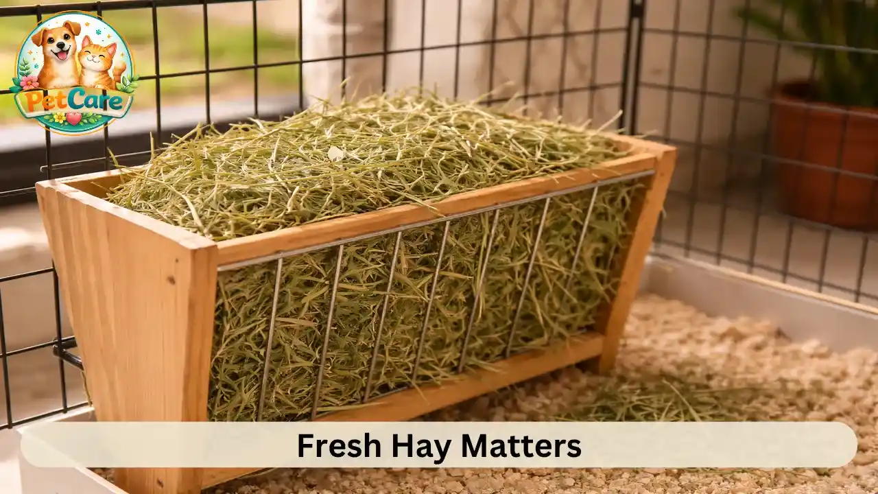 Close-up of clean, dry hay arranged properly in a rabbit feeding rack.