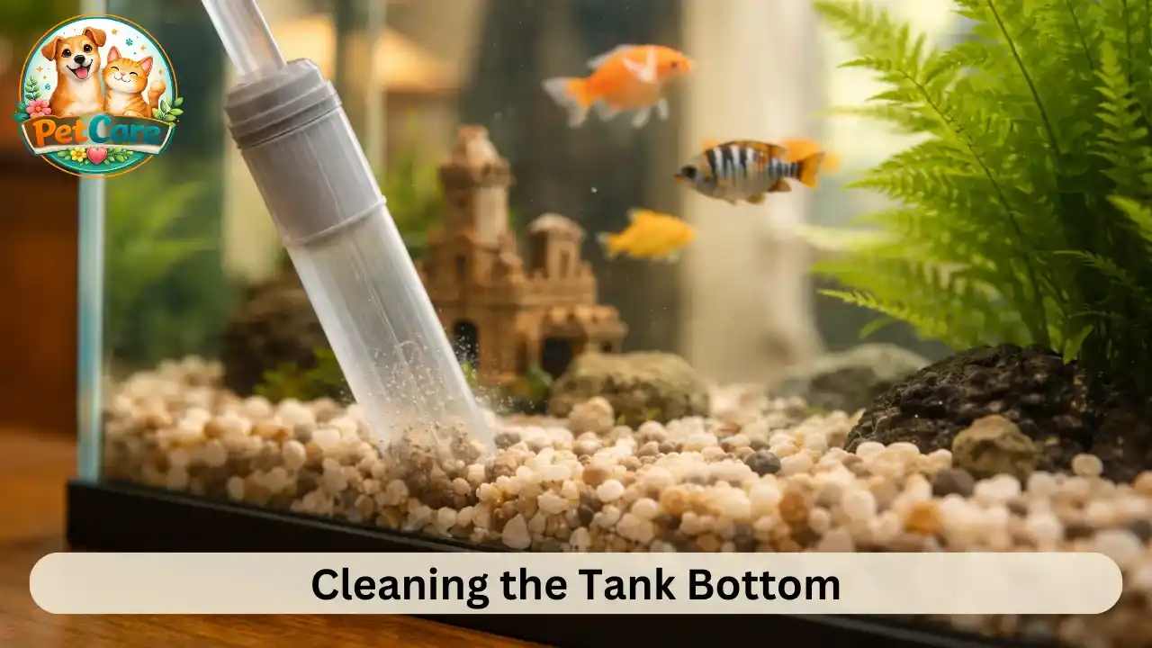 Close-up view of aquarium gravel being cleaned carefully during routine tank maintenance.