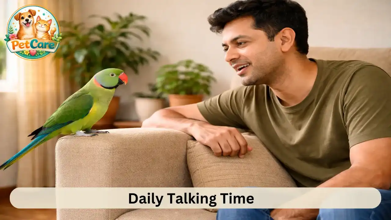 Colorful pet parrot listening to its owner speaking during a relaxed moment at home.