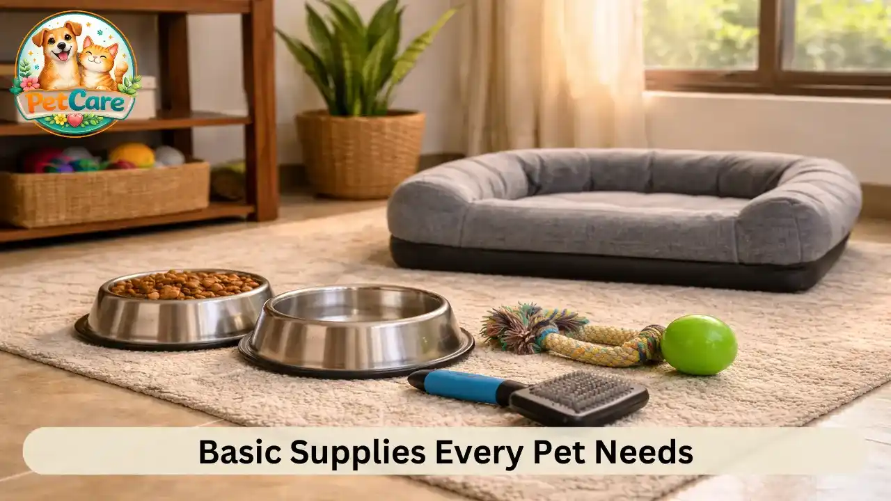 Common beginner pet supplies like bowls, brush, toys, and pet bed arranged neatly at home