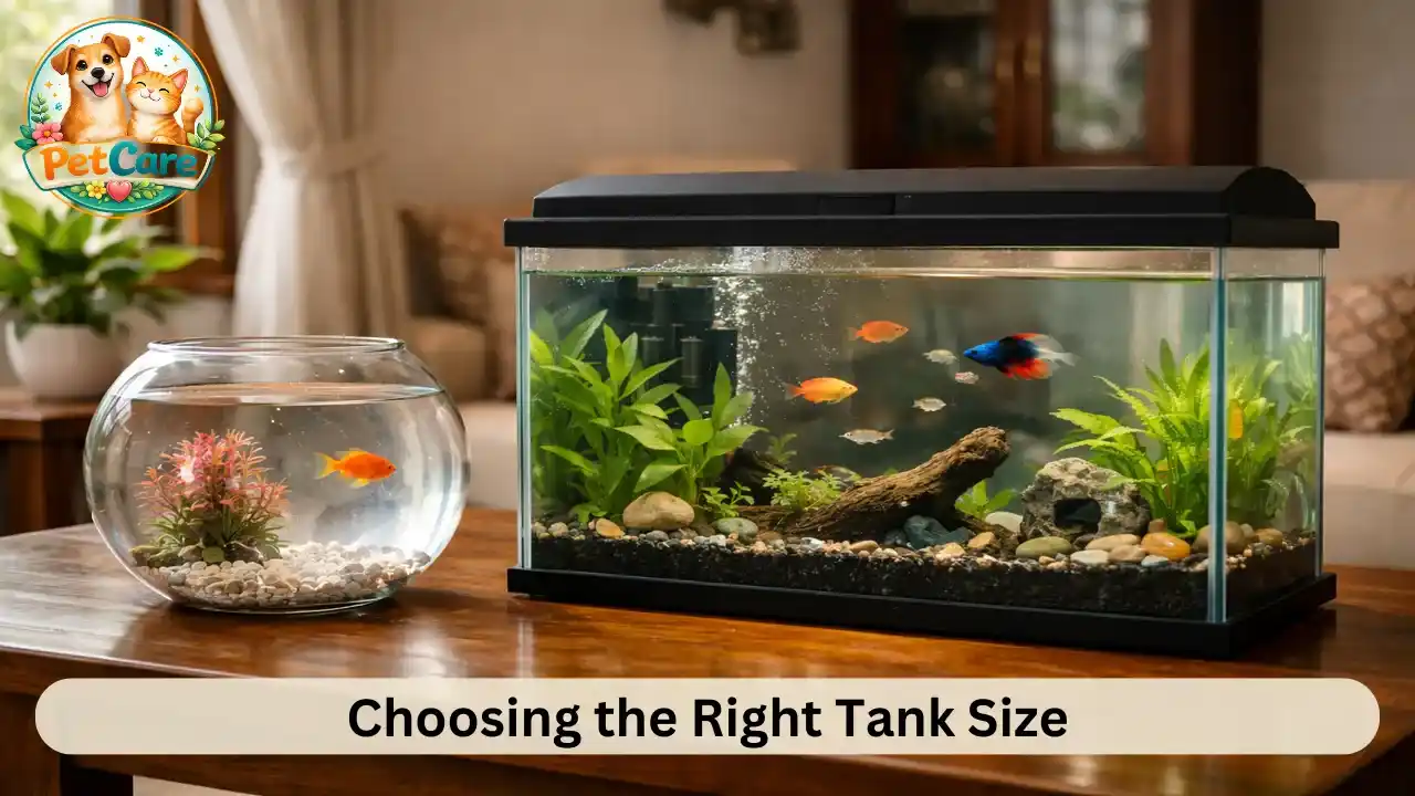 Comparison between a small fish bowl and a larger aquarium tank in a home setting.