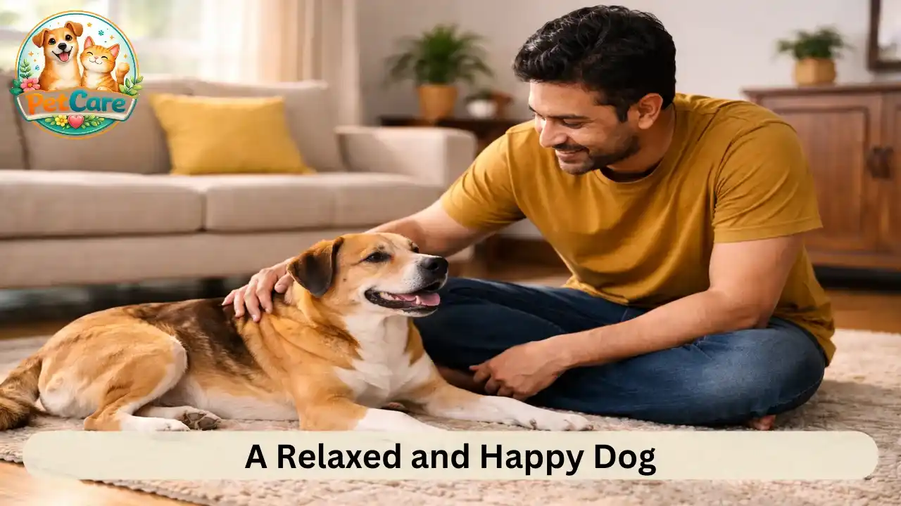 Content dog resting beside its owner during a calm moment at home