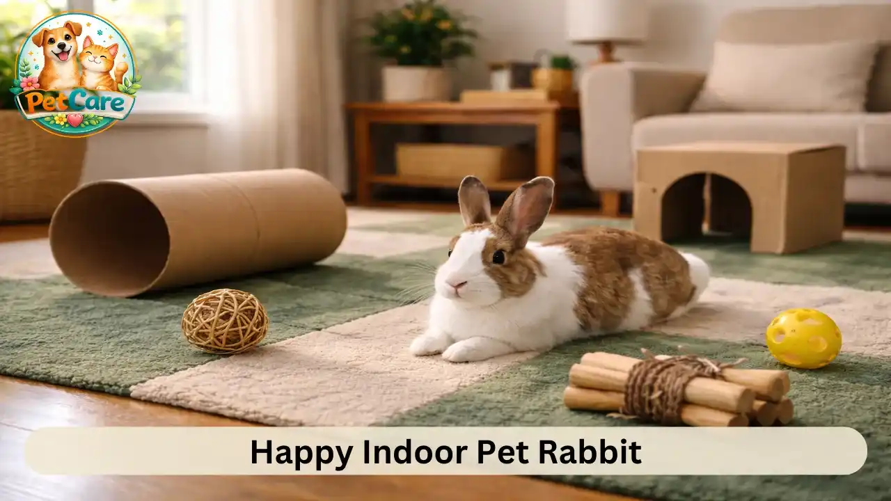 Content pet rabbit relaxing in a cozy indoor play area with toys and soft mats inside a home living room