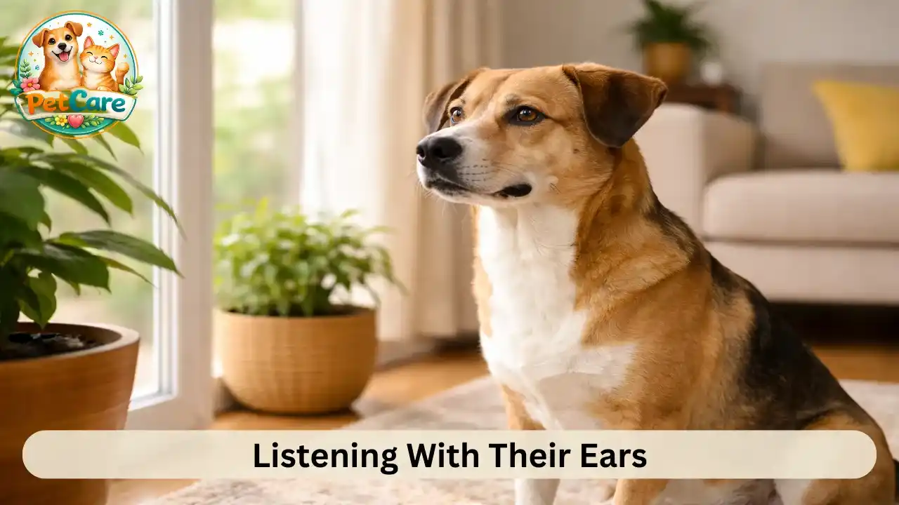 Curious dog sitting indoors with alert ears while looking outside through a window