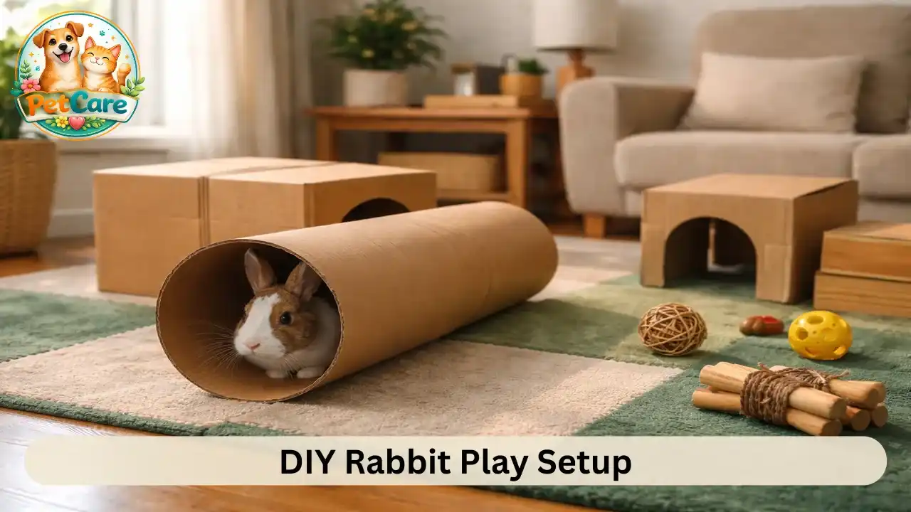 Curious rabbit exploring a homemade indoor play setup with cardboard tunnels and soft flooring