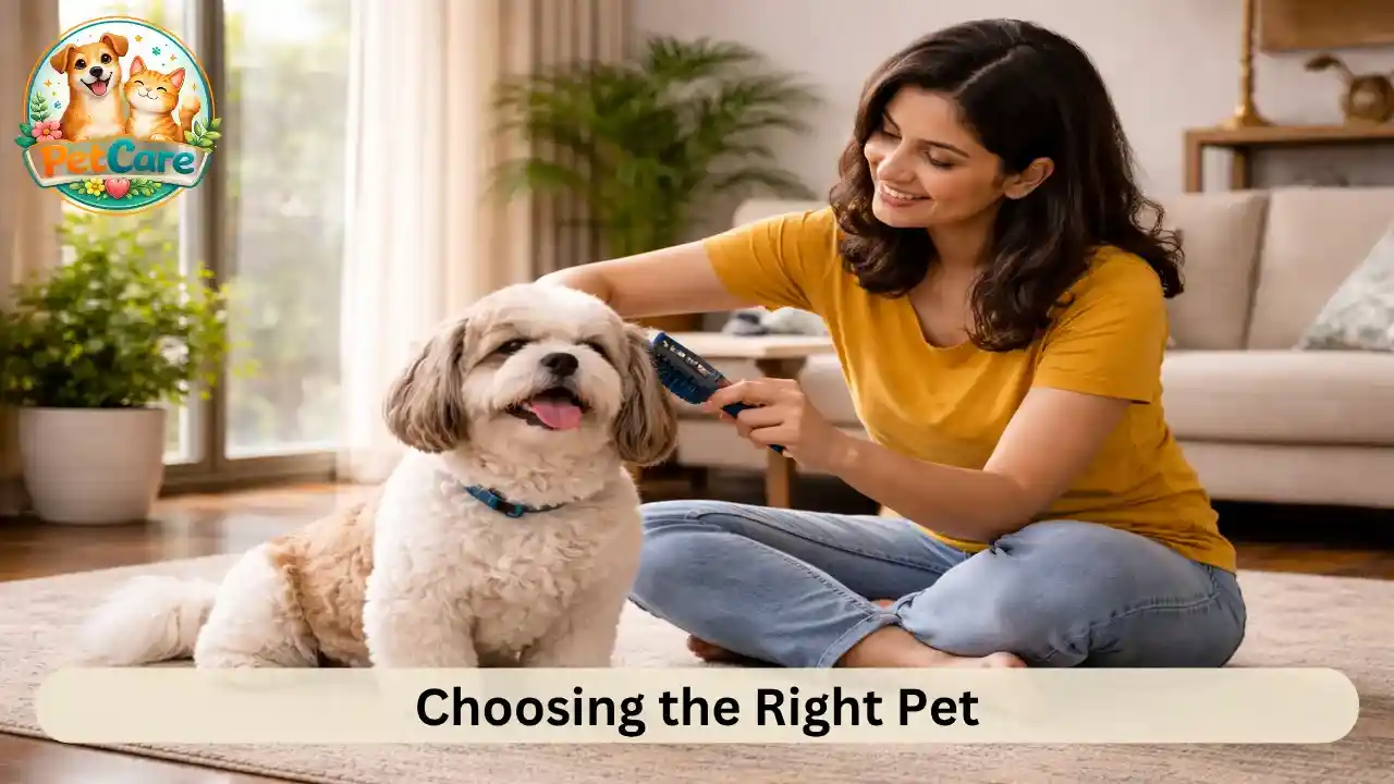 Different types of pets like dog, cat, fish, and bird in a well-arranged home environment