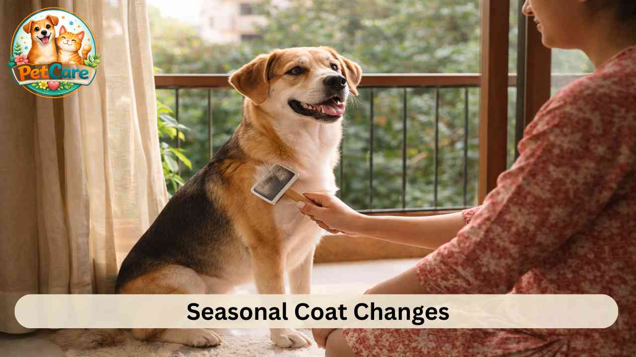 Dog being brushed near a sunny window during seasonal shedding period at home