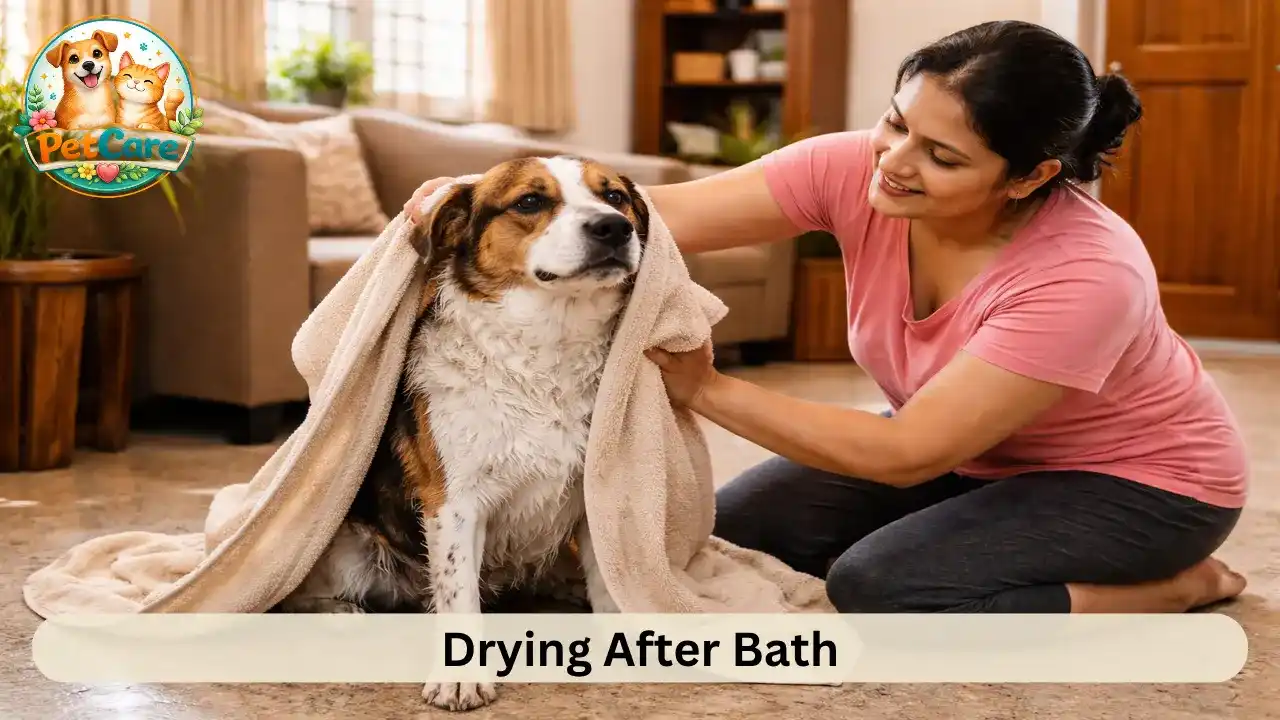 Dog being gently dried with a towel after bath in a comfortable home environment