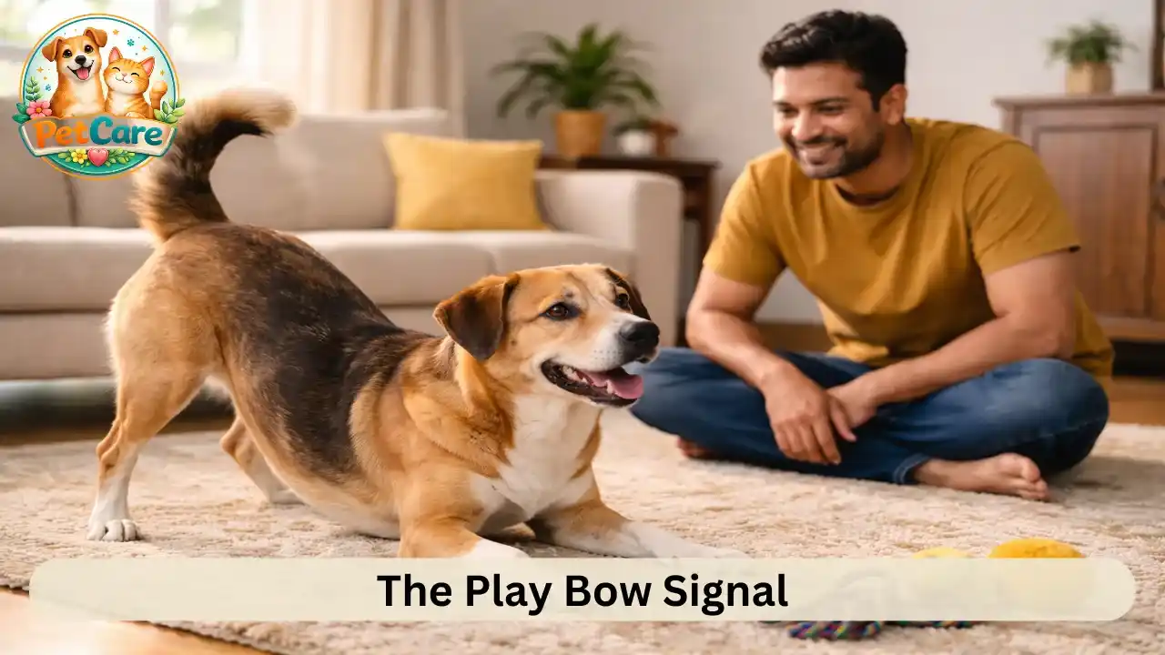 Dog lowering its front legs in a playful bow while inviting the owner to play