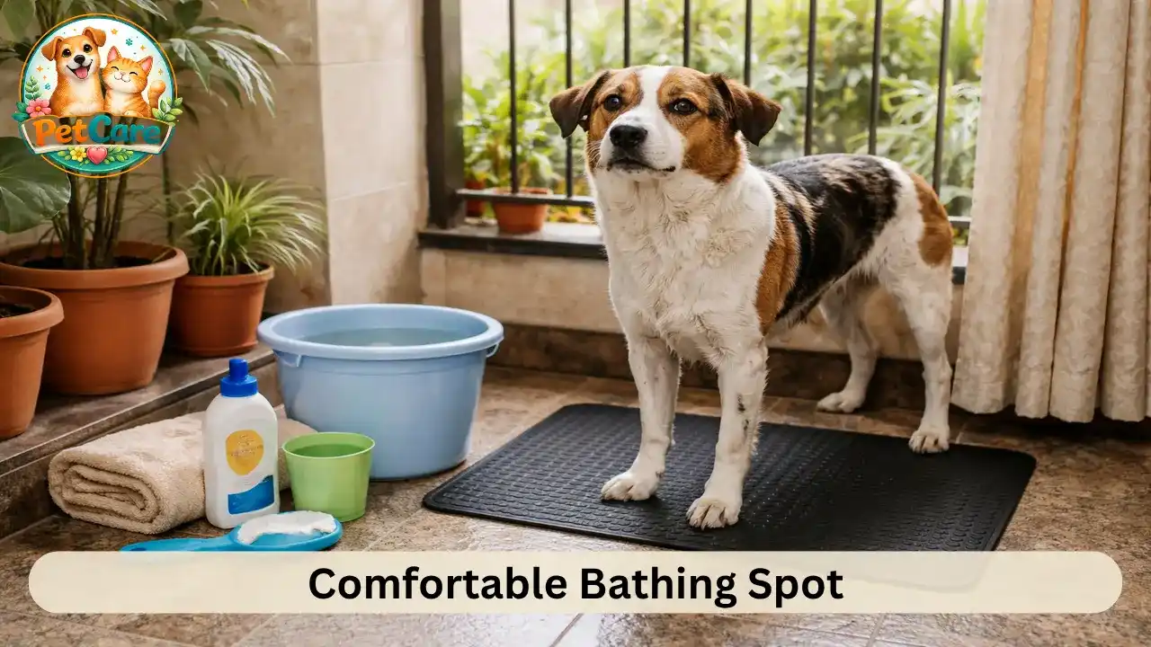Dog standing in a safe and non-slippery area prepared for a relaxed bath at home