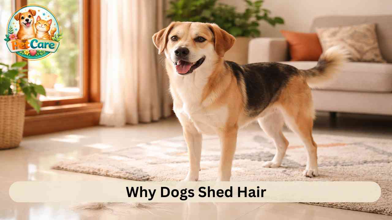 Dog standing indoors near a window with a few loose hairs visible on the floor during normal coat shedding
