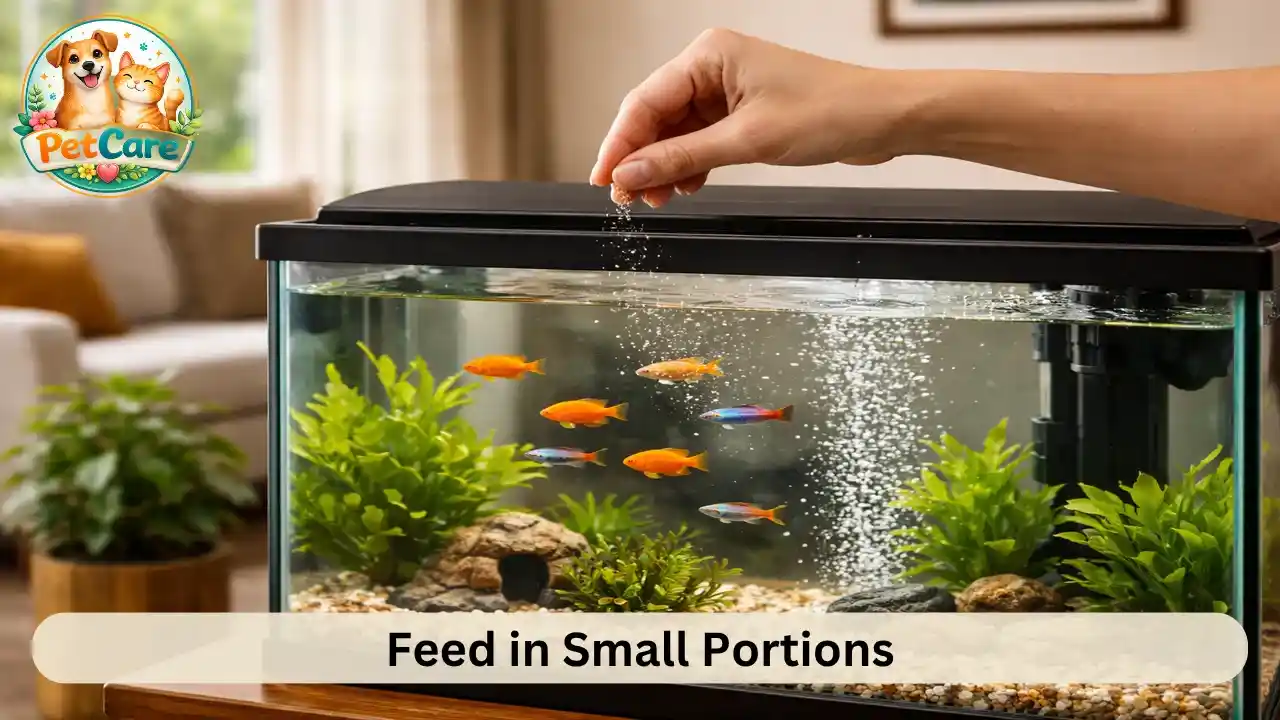 Fish being fed a small portion of food in a clean home aquarium