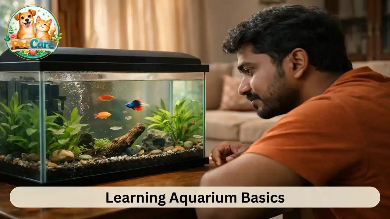 Fish owner observing their aquarium closely while learning how to care for pet fish at home.