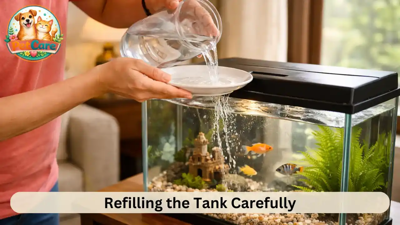 Fresh water being added slowly into a home aquarium without disturbing the fish.