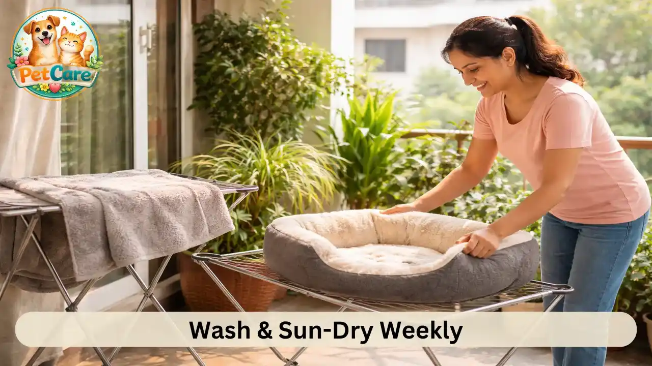 Freshly washed pet bedding drying in natural sunlight on a balcony in an Indian apartment.