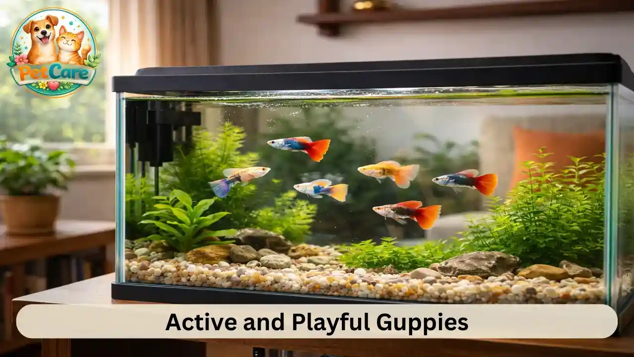 Healthy guppy fish swimming energetically in a clean home aquarium.