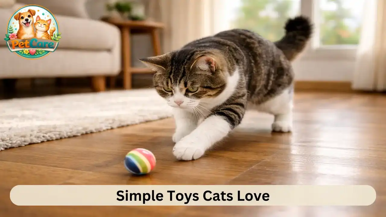 Indoor cat chasing a lightweight ball toy across the floor during playtime at home.