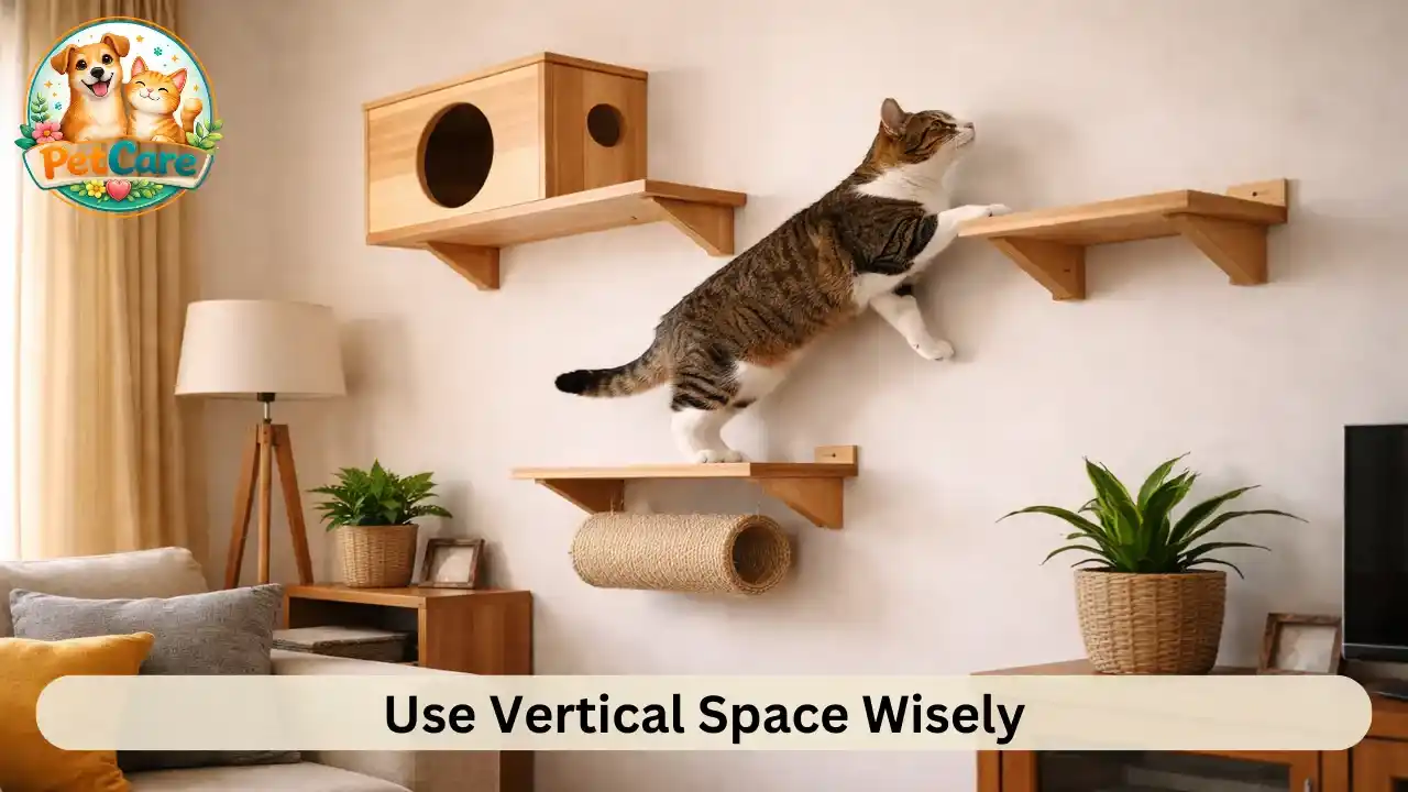 Indoor cat climbing wall-mounted shelves installed safely in a compact apartment