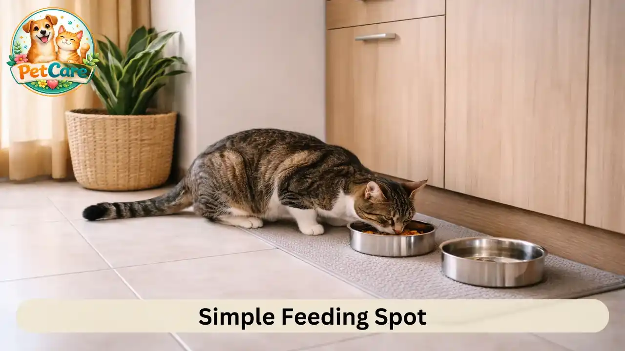 Indoor cat eating from stainless steel bowl in a neat apartment feeding corner