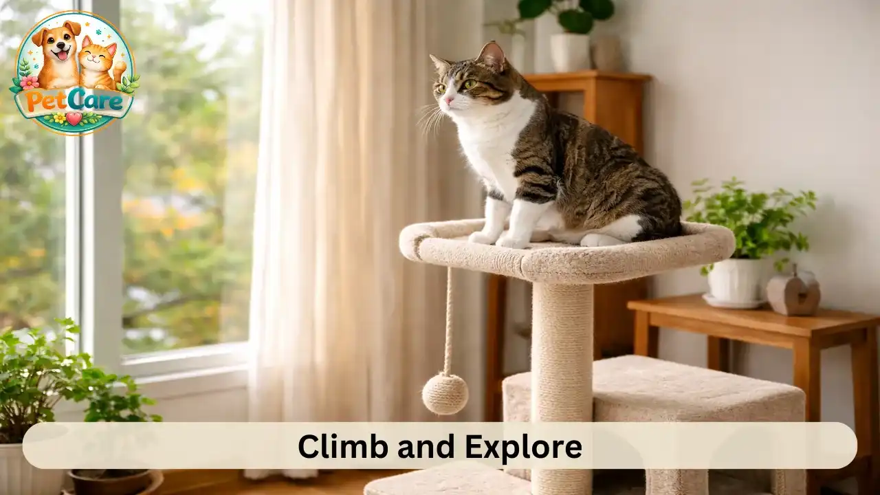 Indoor cat relaxing on a cat tree platform near a window inside a bright apartment living room.