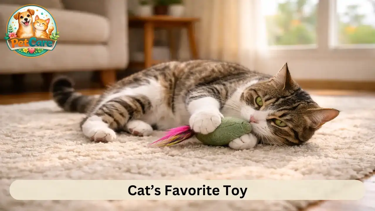 Indoor cat rolling and playing with a small plush toy on a rug in a sunny living room.